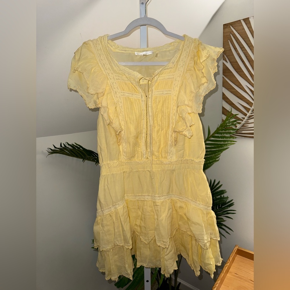 LoveShackFancy Darryl Lace Trim Pale‎ Yellow Flutter Sleeve Ruffle Mini Dress - Picture 3 of 6